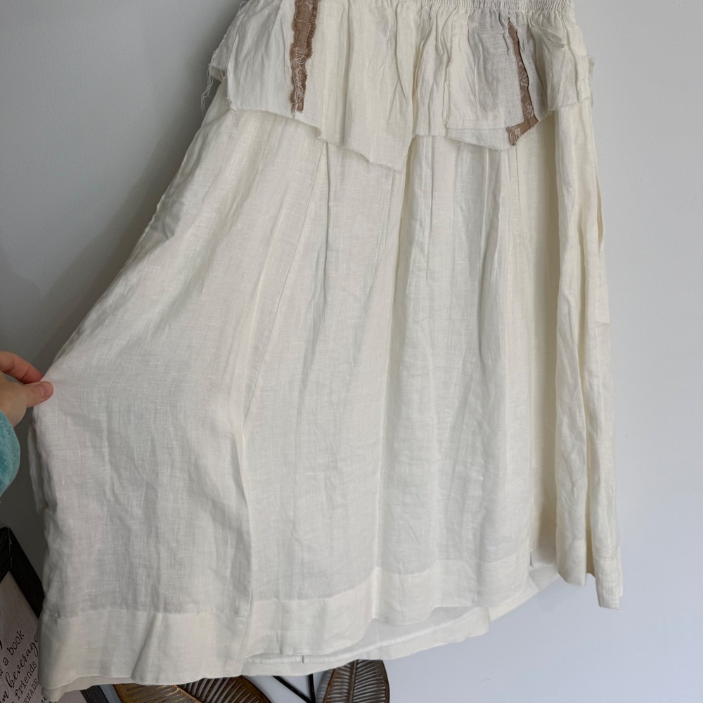 J4 Anthro Hemant & Nandita White Smocked Strapless Linen Midi Dress Lace Trim S - Picture 9 of 13